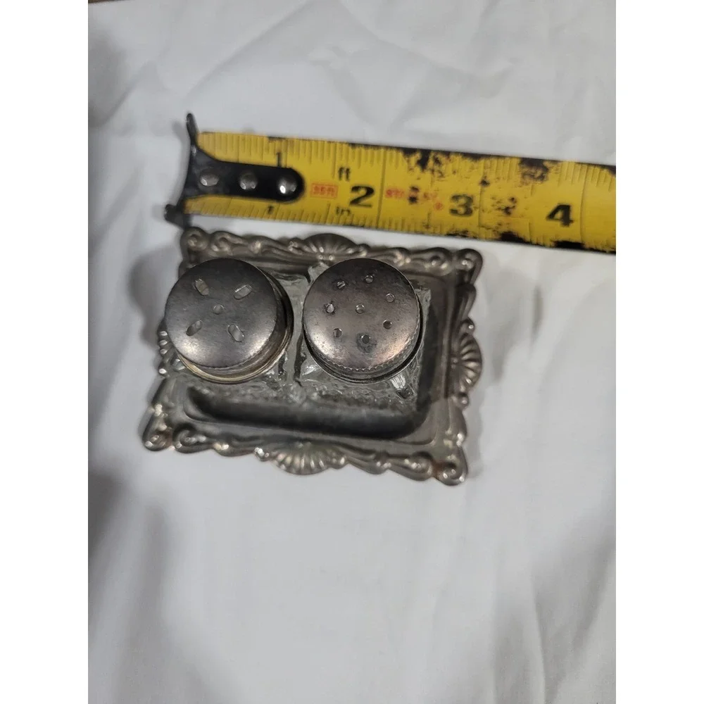 Vintage Hong Kong Glass Salt & Pepper Shakers Set w/ Ornate Silver-Plate Tray.